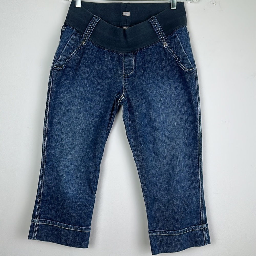 Old Navy Maternity Stretch Straight Leg Low Rise Blue Denim Capris Pull On Jeans